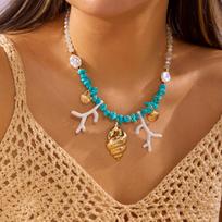 Bohemian Blue Irregular Stone Beaded Choker for Women Exaggerated Conch Coral Pendant Necklace Summer Beach Party Jewelry Gifts