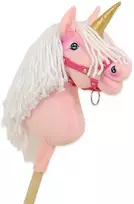 Hobby Horse vienaragis ant lazdos rožinis su balta karčiene ir auksiniu ragu