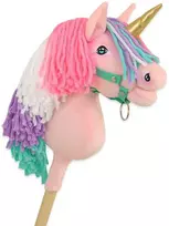 Vienaragis ant lazdos Hobby Horse rožinis su spalvota karčiene ir auksiniu ragu