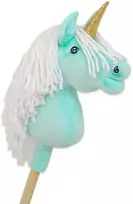 Vienaragis Hobby Horse su lazda mėtų spalvos su balta karčiais ir auksiniu ragu