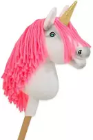 Hobby Horse vienaragis ant lazdos su rožine karčiene ir auksiniu ragu