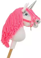 Vienaragis Hobby Horse lazdoje su neonine rožine karčiene ir sidabriniu ragu