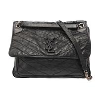 [Pre-Owned] Ysl Niki Silver Chain Black Label Logo Vintage Pleated Leather Crossbody Shoulder Bag - Very Good #1120JGS ONE SIZE