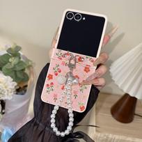 Case for Samsung Galaxy Z Flip 7 6 5 4 3 8 with Floral Print Glitter,Beaded Wrist Strap, Women's, Phone Bumpers Samsung Z Flip7 rožinė