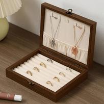 Velvet Interior Glass Lid Velvet Lined Walnut Wood Necklace Hanging Panel  Necklaces Storage 3-Beige