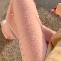 Pink Mink Fur Nail Bead Knitted Wide Leg Pants for Women in Autumn and Winter Lazy and Relaxed Casual Straight Leg Long Pants One Size rožinė