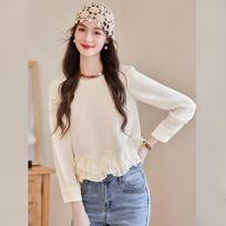 Elegant Double Ruffle Long-Sleeve T-Shirt L abrikosas