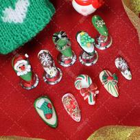 Christmas Press-On Nails With 3D Tree Snowflake Santa Bow Design - Acrylic Almond Shape Women L Includes 3-piece nail art tool kit
