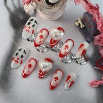 Hand-Painted Press-On Nails With Red Heart Design Acrylic False Women Almond Shape Thin Invisible Tips L Includes 3-piece nail art tool kit