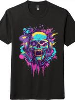Neon Cyber Skull DJ T-Shirt - Unisex Synthwave Music Graphic Tee XS