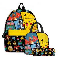 (Yellow) Pikachu Backpack Lunch Bag Pencil Case Set Kids Student Pokemon Bag juoda