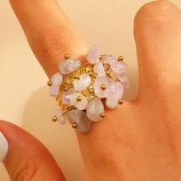 Bohemia Stainless Steel Adjustable Pearl Turquoise Rose Quartz Stackable Rings for Women Gold Color Beach Wear Statement Jewelry resizable beige