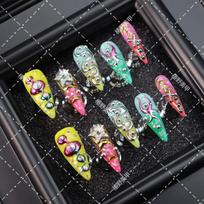 Y2K Chic Press-On Nails With 3D Metallic Rhinestones Stars Long Almond Shape Acrylic Nail Tips Women L Includes 3-piece nail art tool kit