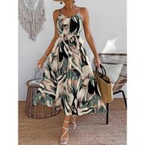 Women's Spaghetti Strap Midi Dress Self Tie Waist Abstract Print Polyester Flowy A Line Summer Dress S
