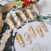 Press-On Nails With Snowflake Rhinestone Design Gold Gradient Long Style Sweet Punk Nail Art Women L Includes 3 sets of nail art tools