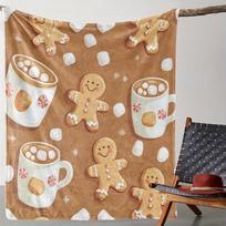 Gingerbread Man Cocoa Cup Floral Print Christmas Throw Blanket, Warm Flannel 2D Pattern All-Season For Sofa Bed Decor & Gift 75X100cm(29x39in)
