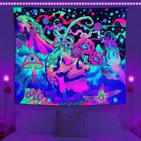 Fluorescentinis Medžio Gobelenas Astronautas Psichodelinis Grybas Kaukolė UV Reaktyvūs Gobelenai Galaktikos Kosmoso Sienos Pakabinamas Miegamajam Boho Namams 95x73cm