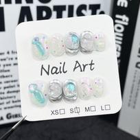 Handmade Press-On Nails Short Round Ice-Transparent Cute Style With 3D Relief Design Women Teens Extra Small