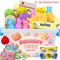 Daug lėtai besikeliančių squishy, atsitiktinai parenkami aklos dėžutės elementai:  Kristalinio dirvožemio spaudomi žaislai, Garuoti ,Ilgas sviestinis duonos kepalas,Meškiuko squishy žaislai