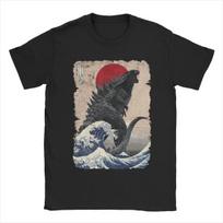 Trumparankoviai marškinėliai Unikalūs japoniški Godzilla ir Didžioji banga marškinėliai S-5XL Drabužiai grafiniai vasariniai Vyriški apvaliu kaklu Grynos medvilnės marškinėliai S juoda