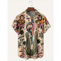 Plus size men's summer anime crocodile and gorilla print casual fashion short-sleeved 2024 new Hawaiian shirt 4XL