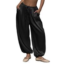 Womens Satin Harem Pants Casual Baggy Leg Elastic Waist Drawstring Loose Workout Track Pants with Pockets L juoda