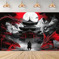 Epic Red Dragon Tapestry Wall Hanging, Samurai Warrior And Japanese Temple Under Full Moon, Fantasy Oriental Art Decor 70x100cm28x39in