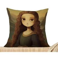1Pc Cartoon Mona Lisa & Girl With Pearl Earring Pillow Cover, Polyester 2D Double-Sided Print, Cute Famous Art Characters, Home Peach skin 18*18(CM)-1Pcs