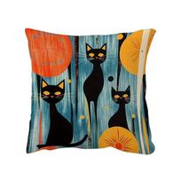 1Pc Mid-Century Black Cat Throw Pillow Cover, 2D Double-Sided Print Soft Polyester Cushion Case For Home Sofa Bedroom Car Decor Peach skin 18*18(CM)-1Pcs