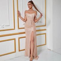 Hot-selling bead tube top tight dress, sexy stitching thin flash high split prom party evening dress XS abrikosas