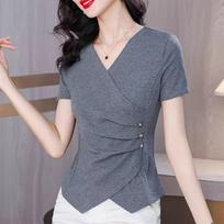 Summer new women's clothing irregular short-sleeved T-shirt slim-fitting belly-covering bottoming shirt foreign-style shirt top women M pilka spalva