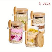 4 vnt. Desertinių dubenėlių, „Overnight Oats“ indelių su dangteliais, 18 oz „Overnight Oats“ stiklainių su šaukšteliais, Salotų paruošimo indelių su bambukiniais dangteliais 4pcs beige