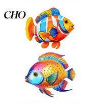 Wooden Fish Decor 2 Pcs Wall Art Tropical Sculpture Coastal Beach Ornament Sea Animal Hanging for Bathroom Pool Patio Fence Solid Wood 2pcs
