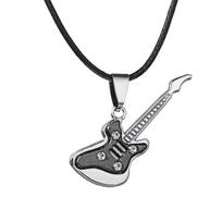 Fashion Cool Punk Black Stainless Steel Guitar Pendant Necklaces Men Women Leather Chain Hiphop Rock Collar Jewelry Dropshipping