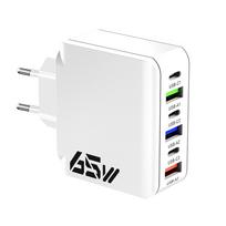 65W USB C sieninis įkroviklis Greitasis įkroviklis 6 prievadai Quick Charge 3.0 adapteris iPhone 13 14 15 Xiaomi Samsung Oppo mobiliesiems JAV/ES kištukas EU Plug balta