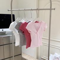 Life Spicy Tee Cross Elastic Short Slim Fit Front Shoulder Skinny V-Neck Short Sleeve T-Shirt S balta