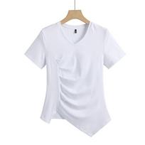 European Station V-neck pleated irregular hem slim fit elastic cotton comfortable close-fitting short-sleeved women's T-shirt cotton S balta