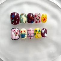 Hand-Painted Short Press-On Nails With Cat Eye Effect Cute Cartoon Floral Designs Reusable Artificial Nail Tips Women Extra Small