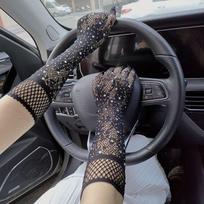 Žėrintys moteriški seksualūs elastiniai tinkliniai pirštinės ilgos tamprios rankovių pirštinės pilnu pirštu skirtos cosplay, išleistuvėms, scenai juoda