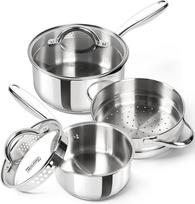 MICHELANGELO Stainless Steel Sauce Pan Set with Steamer, 18/10 Pan Set with Pouring Spout and Strainer Glass Lid Dishwasher-safe