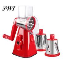 Fast And Efficient Food Processor Kitchen Vegetable Slicer with 3 Replaceable Stainless Steel Blades Manual Rotary Cheese Grater Hand-operated Grinder raudona