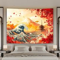 Japanese Autumn Wave Art Tapestry Mount Fuji Red Maple Leaves Traditional Landscape Wall Decor Bedroom Living Room Home Style 70x100CM