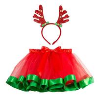 With Antler Headband Christmas TUTU Skirt Set for Kids 2-Piece Set Mesh Children's Tulle Skirt Girls Performance Outfits raudona