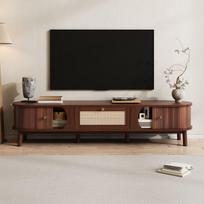 Natural Style TV Stand - Bamboo Wood Doors And Rattan Drawers, Solid Wood Structure, Rustic Walnut, 170x39.5x38cm