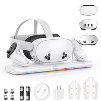 Meta Quest 3S/Quest 3/Quest 2 įkrovimo stotelė, magnetinė įkrovimo stotelė VR ausinėms ir valdikliui, su 2 x 1800 mAh įkraunama baterija balta