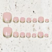 Handmade Press-On Toenails Short French Style Nude Pink Gold Glitter Women Small