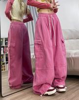 Y2K Fashion Drawstring Casual Baggy Cargo Jeans Pants Women Straight Wide Leg Sweatpants Trousers XXXXXL rožinė