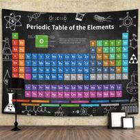 Juodos lentos stiliaus periodinės elementų lentelės gobelenas, ryški chemijos lentelė su laboratorijos piktogramomis ir mokslinėmis formulėmis, sieninis dekoras, mokslas 200x180CM blue