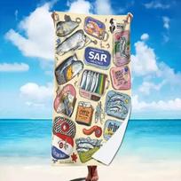 Vintage Cartoon Sardines Can Beach Towel Striped Fun Coastal Food Graphic Print Soft Absorbent Quick Dry Towel For Beach 50X100cm &1pc