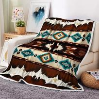 Vakarietiška karvės odos pledas, Boho Vintažinis Rustic Cowboy Egzotiškas Vakarietiškas Actekų Flanelinis Pledas, Rudas Aukštikalnių Karvės Oda Tribalinis A 70x100cm